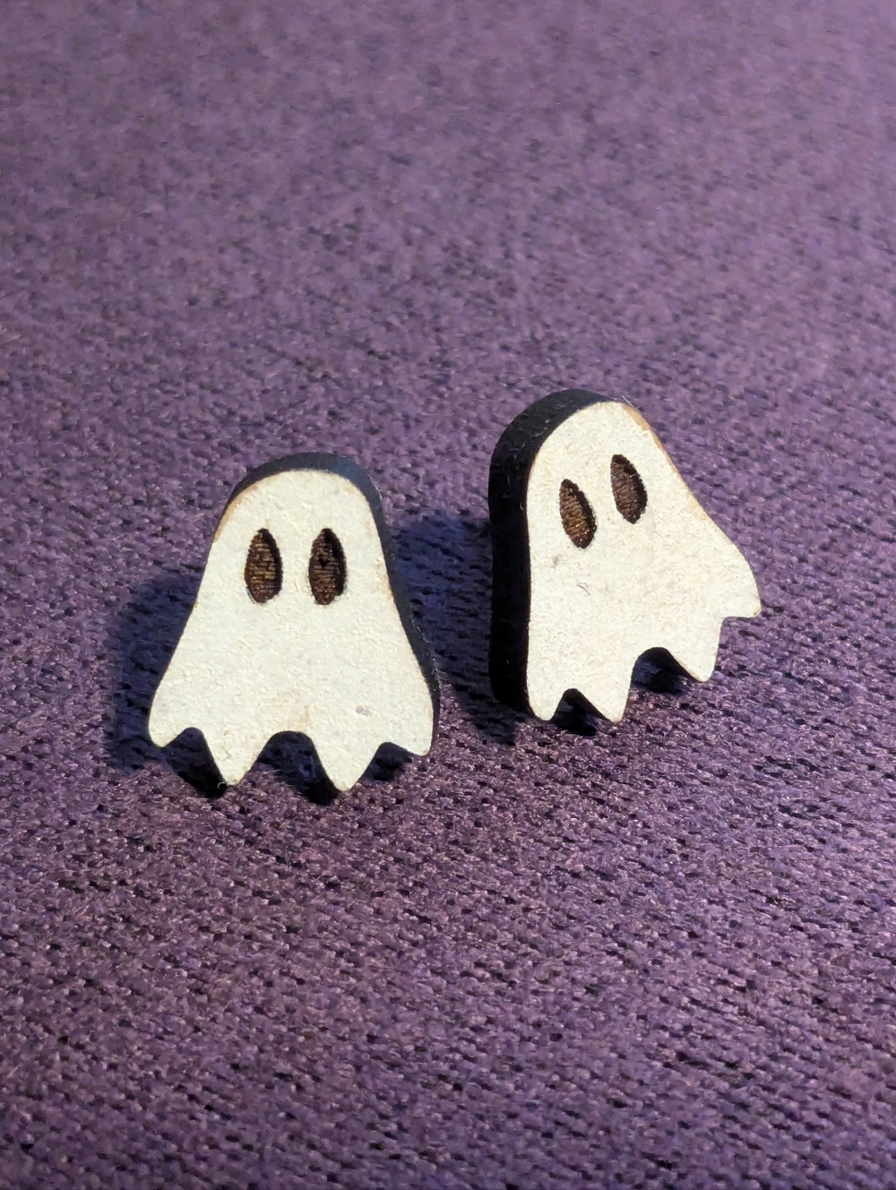 Cute Ghost Wooden Stud Earrings - Cream and Black